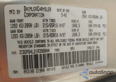 2001 Chrysler Town & Country Limited from USA, damaged, VIN 2C8GP64L21R396844